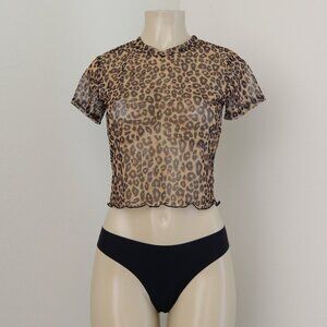 iNAMORATA Leopard Print Sheer Crop Top in Brown Black